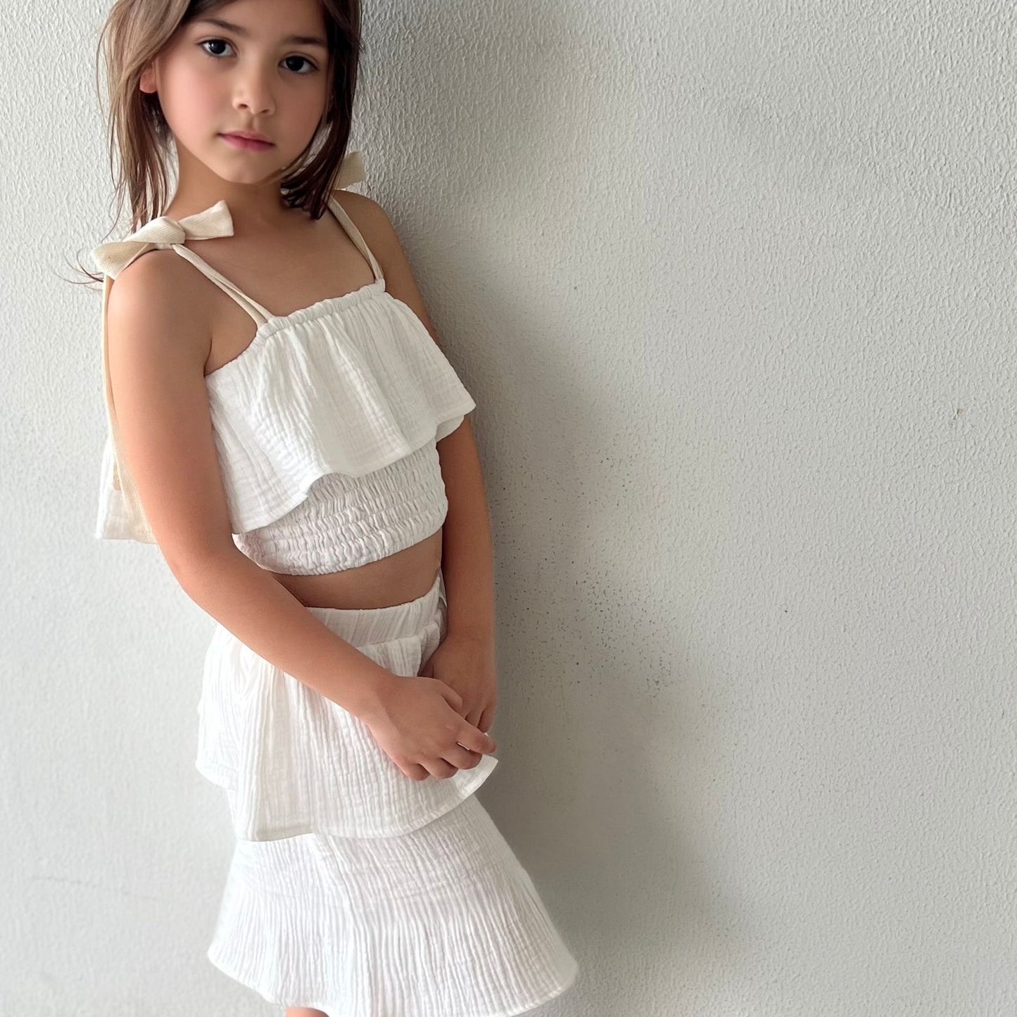 MUSLIN SET WITH CROPPED RUFFLE TOP & MID LENGTH SKIRT